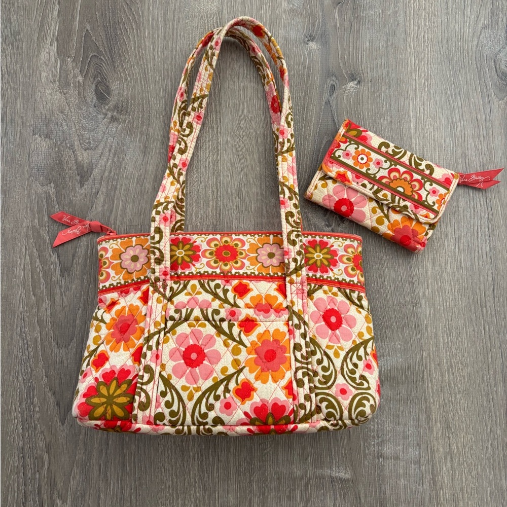 Vintage Vera Bradley Tote Pink Floral Tote Purse w/ Matching Wallet Set